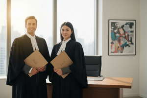 lawyers in robes positioned left